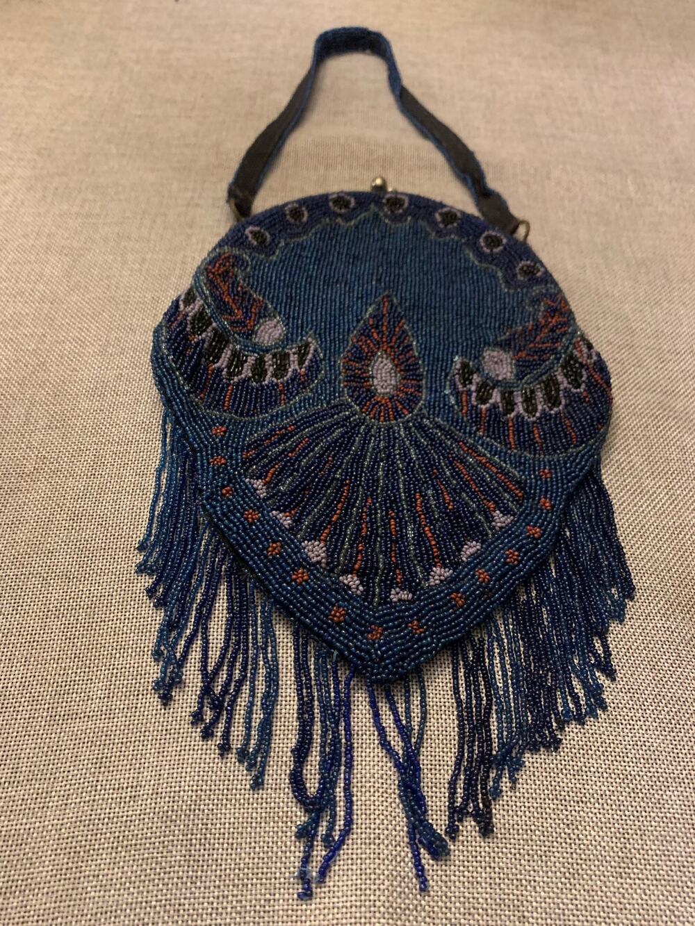 Rare One of A Kind Beaded Antique-Vintage Egyptian revival influence blue purse